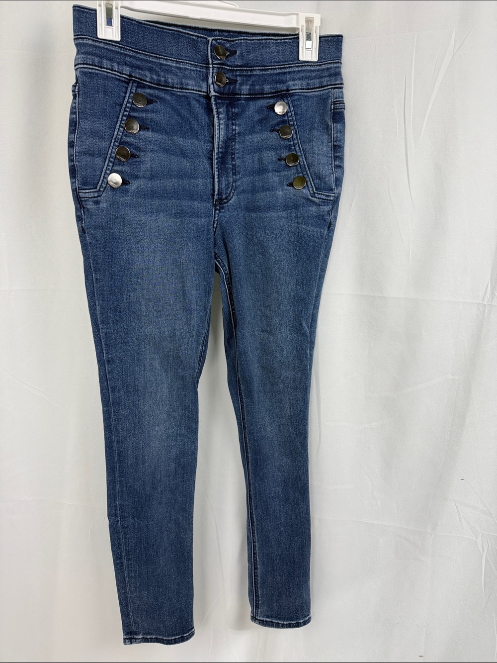 Express Women's Skinny Jeans in Dark Blue with Button Accents